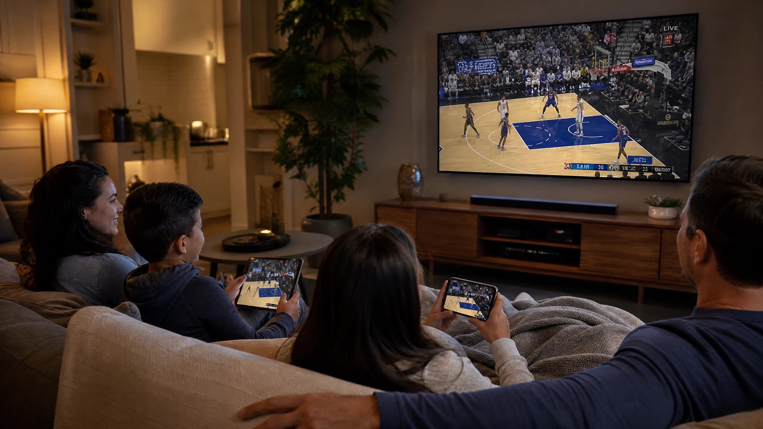 Family watching on TV, tablet and phone